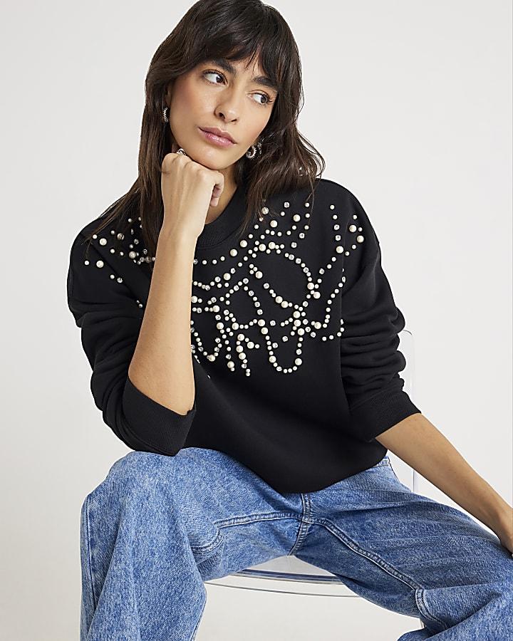 River Island Black Long Sleeve Embellished Sweatshirt