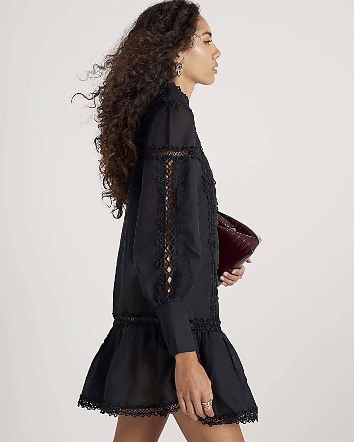 River Island Black Long Sleeve Lace Cut Out Mini Dress