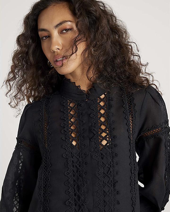River Island Black Long Sleeve Lace Cut Out Mini Dress