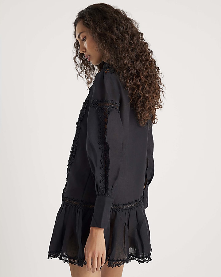 River Island Black Long Sleeve Lace Cut Out Mini Dress