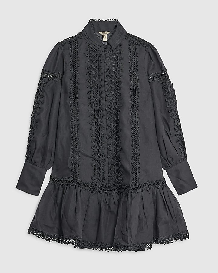 river island Black Long Sleeve Lace Cut Out Mini Dress