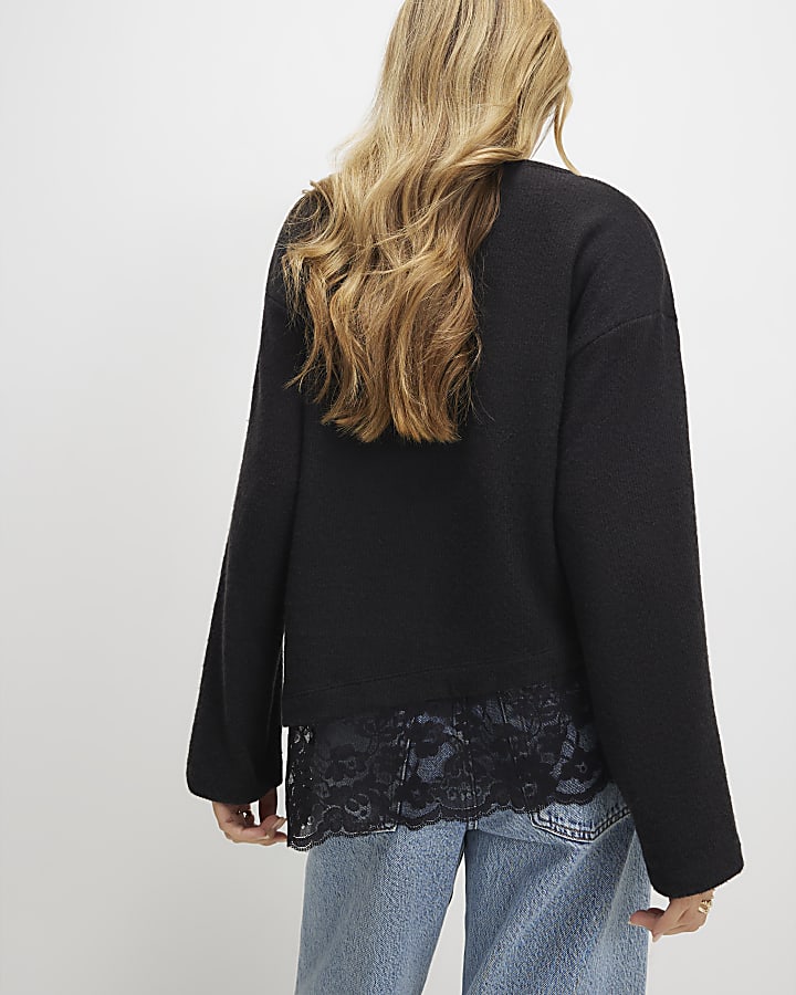 River Island Black Long Sleeve Lace Hem Asymmetric Top