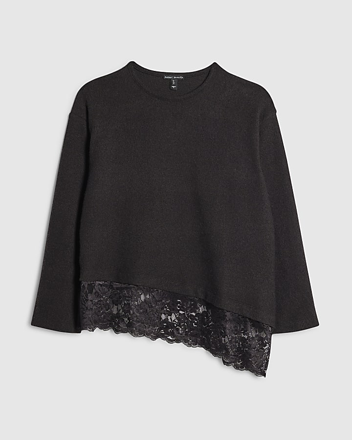 river island Black Long Sleeve Lace Hem Asymmetric Top