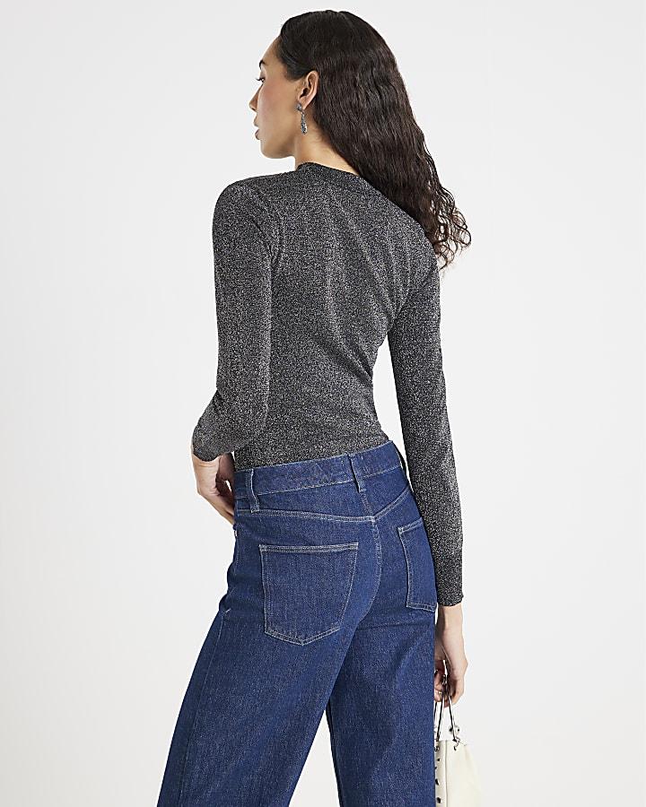 River Island Black Long Sleeve Lurex Bodyfit Knitted Top