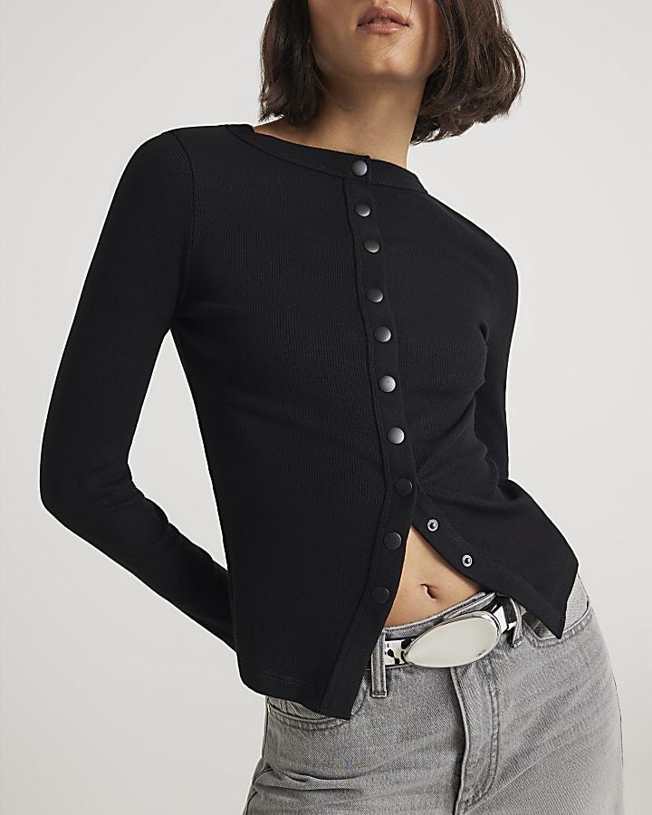 River Island Black Long Sleeve Popper Through Ribbed Top