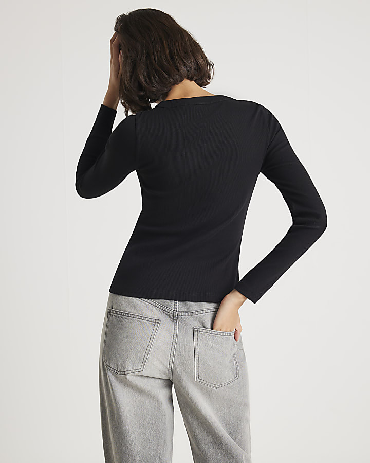 River Island Black Long Sleeve Popper Through Ribbed Top