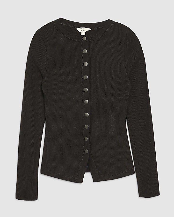 river island Black Long Sleeve Popper Through Ribbed Top