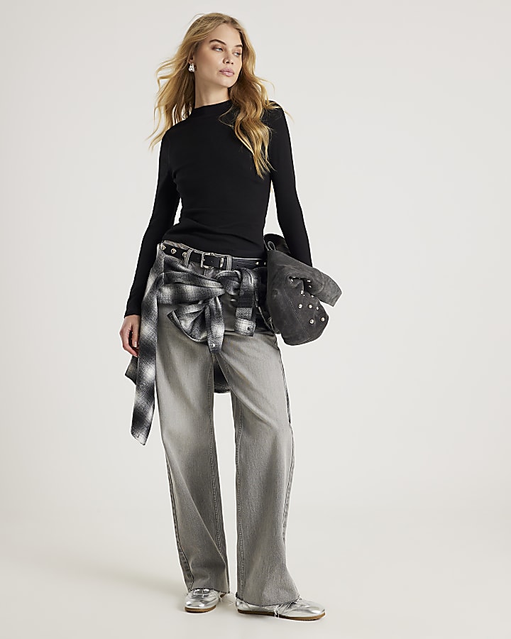 River Island Black Long Sleeve Ribbed Crew Neck Top