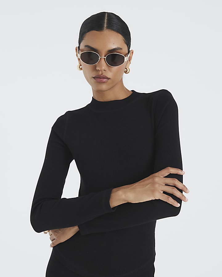 River Island Black Long Sleeve Ribbed Crew Neck Top