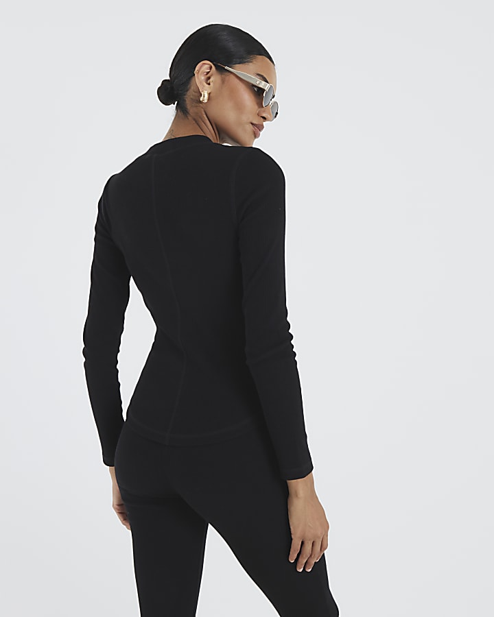 River Island Black Long Sleeve Ribbed Crew Neck Top