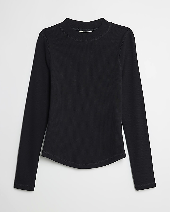 river island Black Long Sleeve Ribbed Crew Neck Top