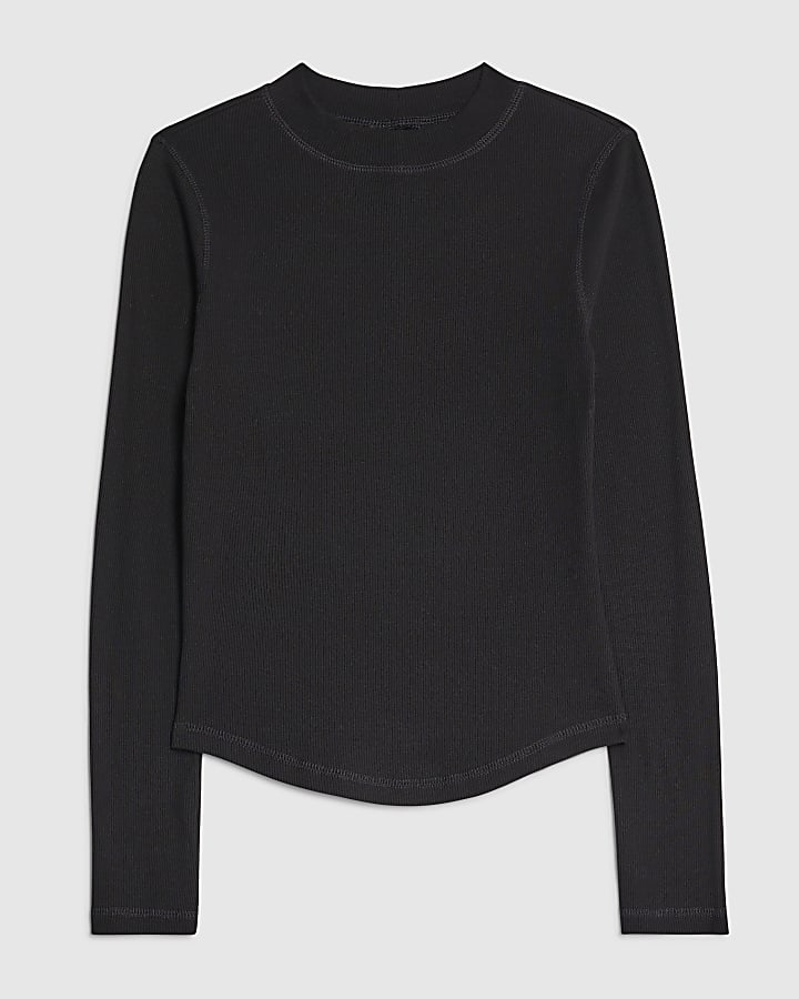 river island Black Long Sleeve Ribbed Crew Neck Top