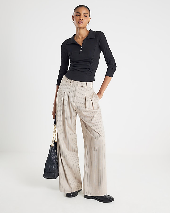 River Island Black Long Sleeve Ruched Ribbed Polo Top