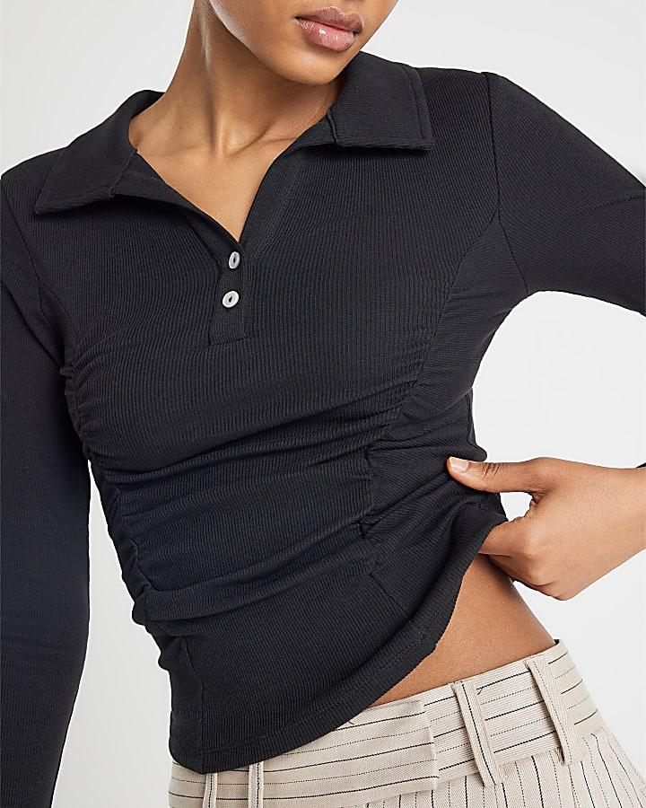 River Island Black Long Sleeve Ruched Ribbed Polo Top