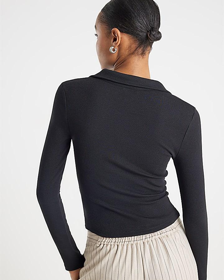 River Island Black Long Sleeve Ruched Ribbed Polo Top
