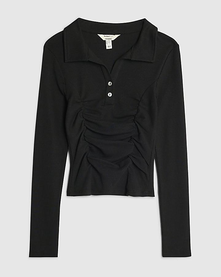 river island Black Long Sleeve Ruched Ribbed Polo Top