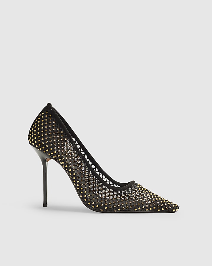 River Island Black Mesh Diamante Embellished Court Heels