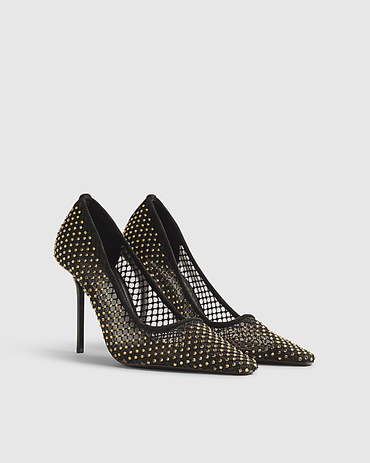 River Island Black Mesh Diamante Embellished Court Heels