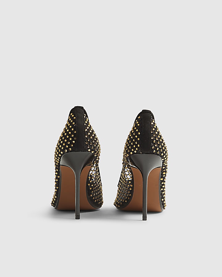 River Island Black Mesh Diamante Embellished Court Heels