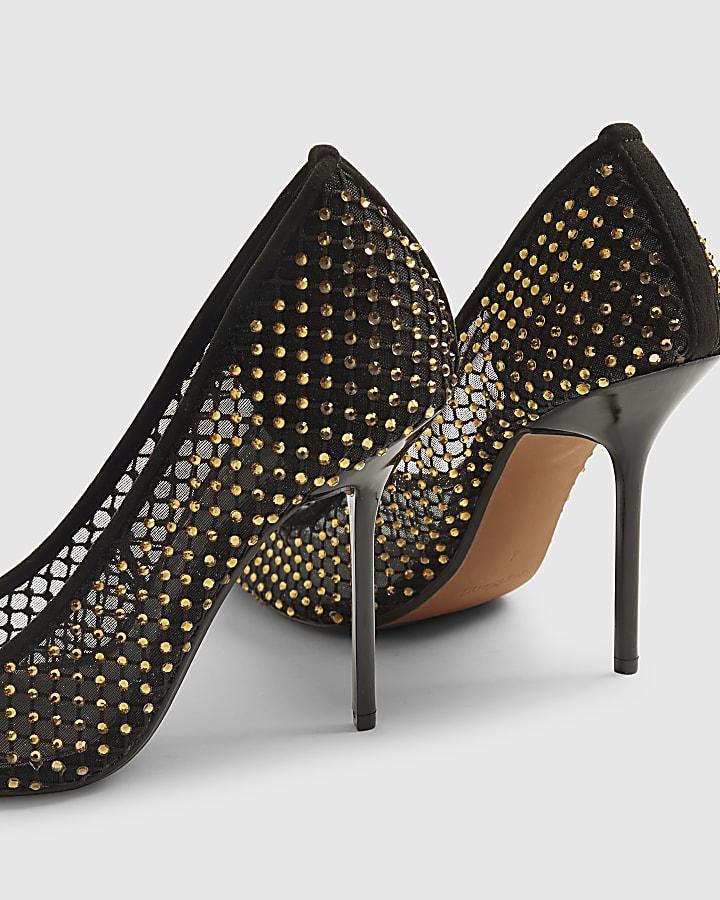 river island Black Mesh Diamante Embellished Court Heels
