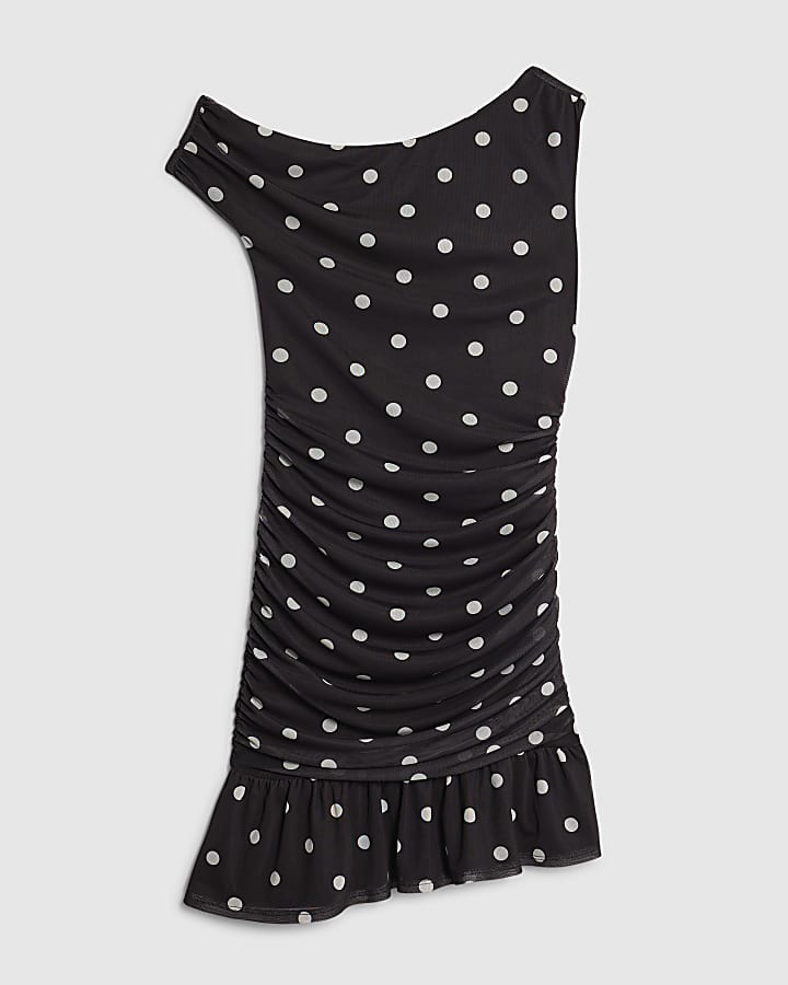 river island Black Mesh Spot Print Drape Mini Dress
