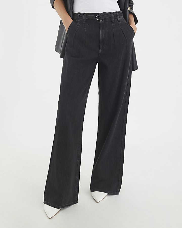 River Island Black Mid Rise Wide Leg Tie Front Jeans