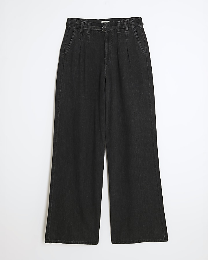 river island Black Mid Rise Wide Leg Tie Front Jeans
