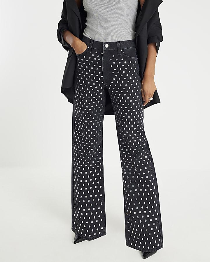River Island Black Mirror Studded Relaxed Straight Jeans