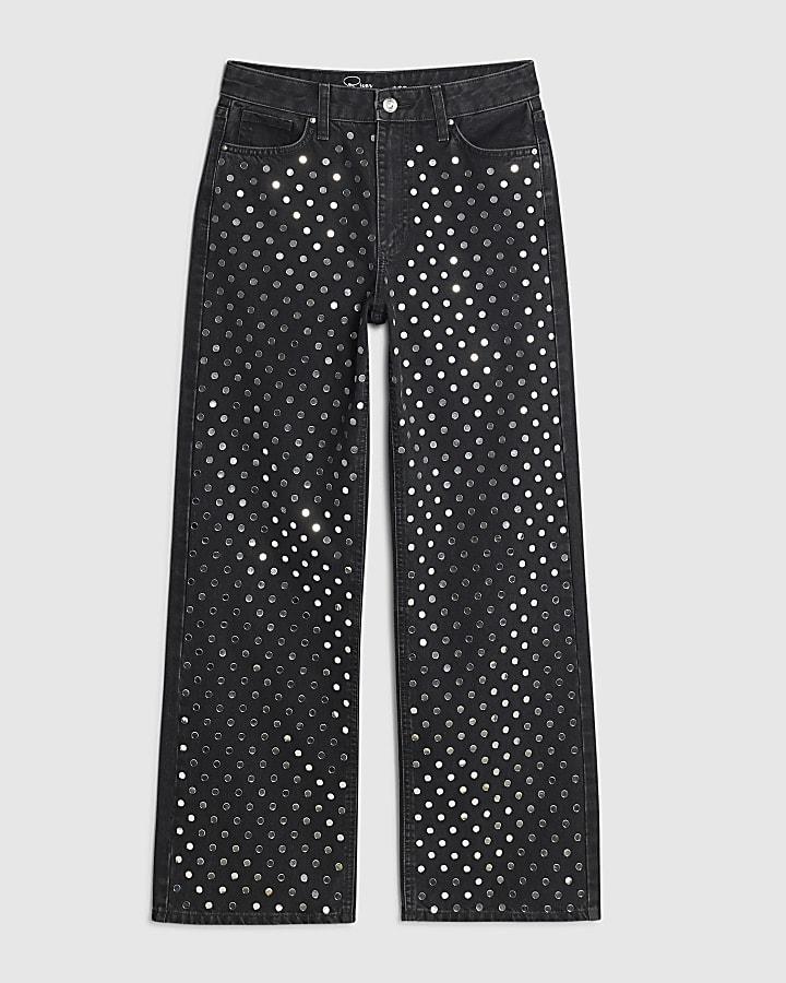 river island Black Mirror Studded Relaxed Straight Jeans