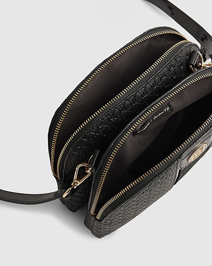 river island Black Monogram Curved Top Crossbody Bag