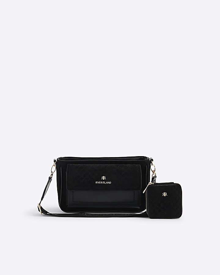 River Island Black Monogram Faux Suede Cross Body Bag