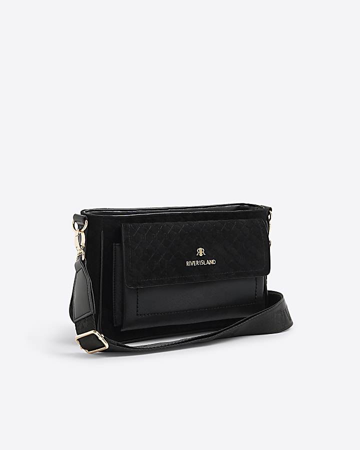 River Island Black Monogram Faux Suede Cross Body Bag
