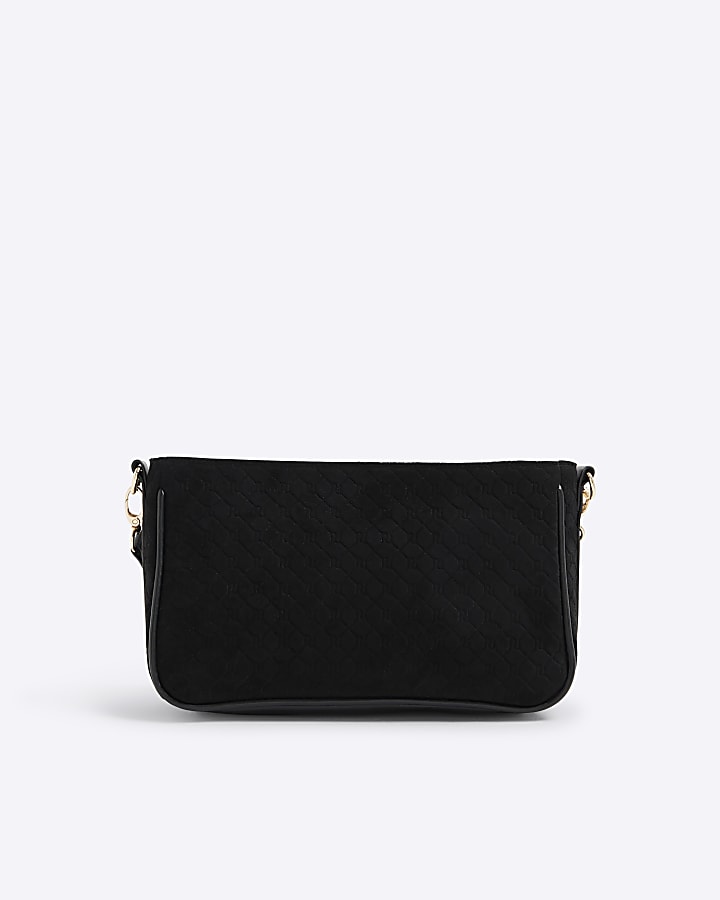 River Island Black Monogram Faux Suede Cross Body Bag
