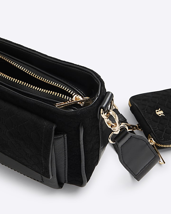 river island Black Monogram Faux Suede Cross Body Bag