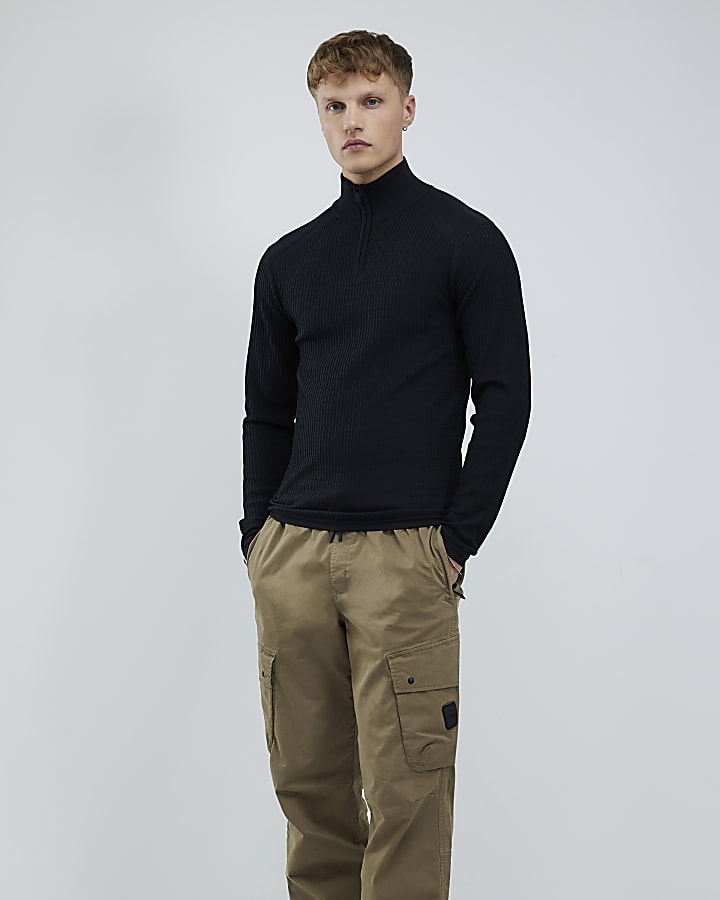 River Island Black Muscle Fit Brick Knitted Funnel Jumper