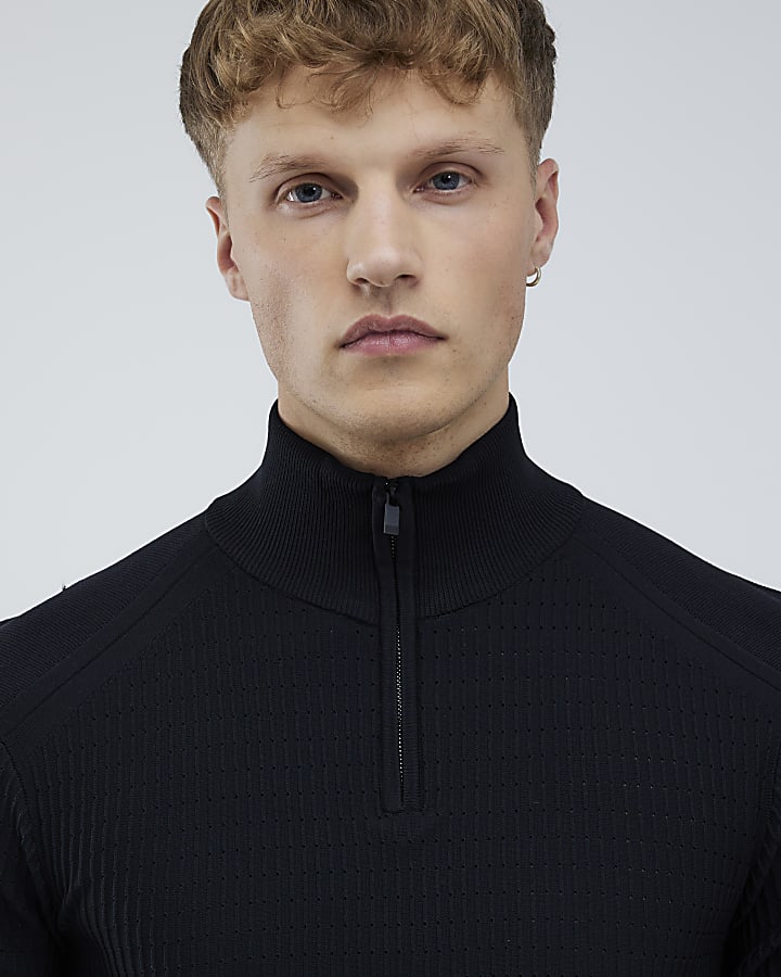 River Island Black Muscle Fit Brick Knitted Funnel Jumper
