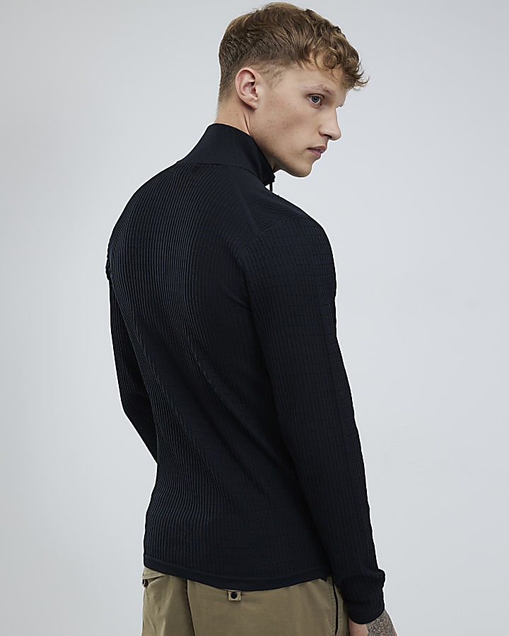 River Island Black Muscle Fit Brick Knitted Funnel Jumper