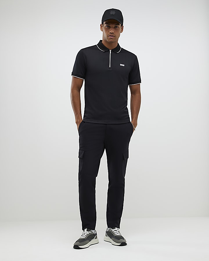 River Island Black Muscle Fit Les Amis Stripe Polo Shirt