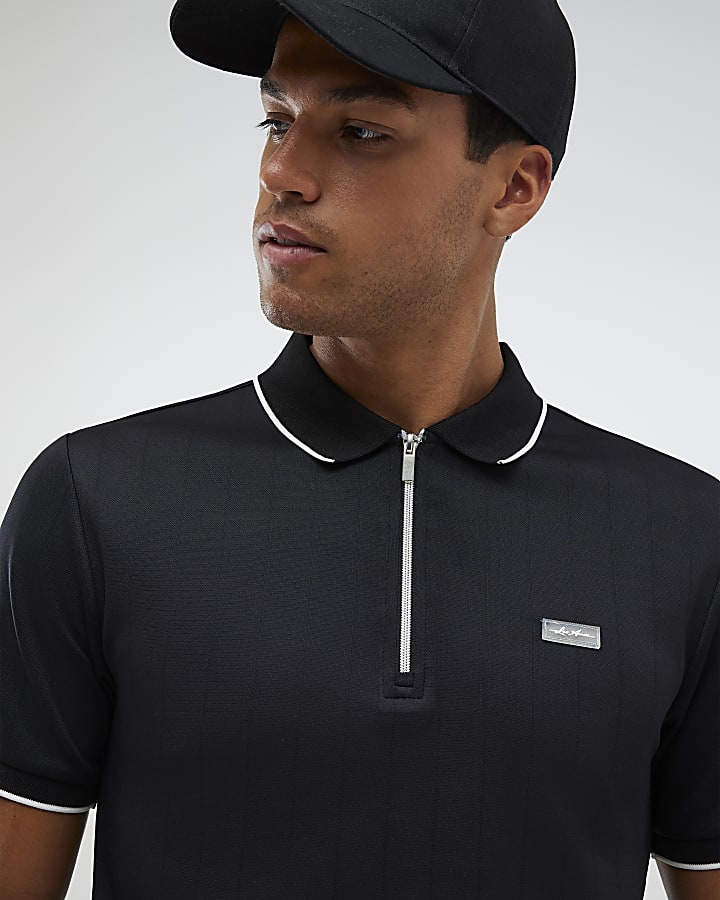 River Island Black Muscle Fit Les Amis Stripe Polo Shirt