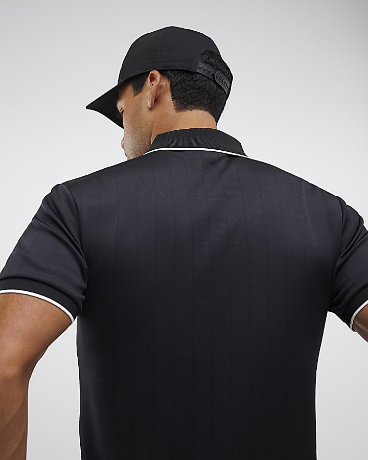 River Island Black Muscle Fit Les Amis Stripe Polo Shirt