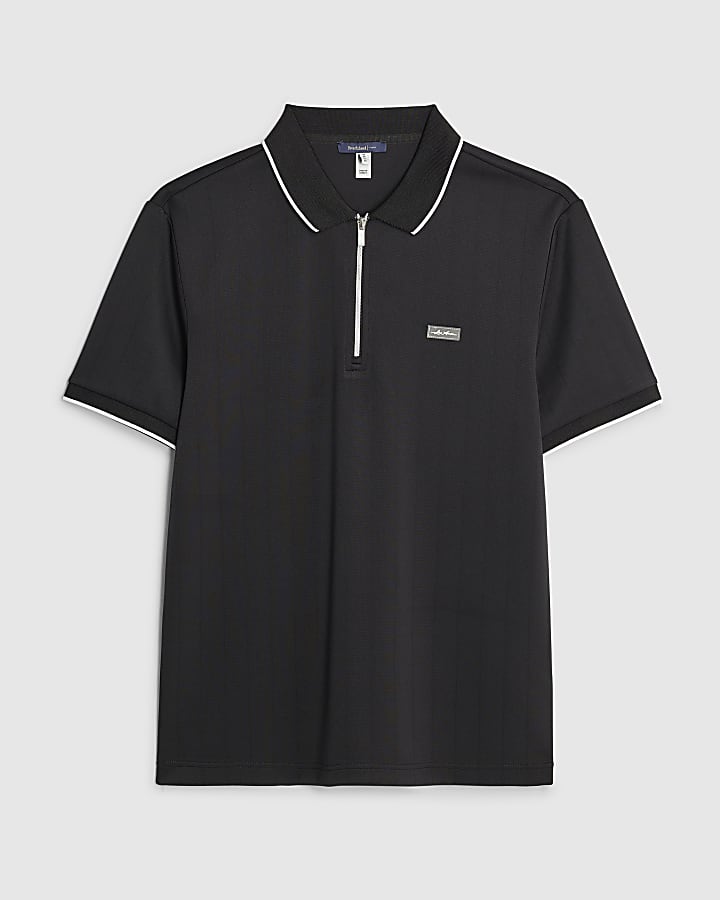 river island Black Muscle Fit Les Amis Stripe Polo Shirt