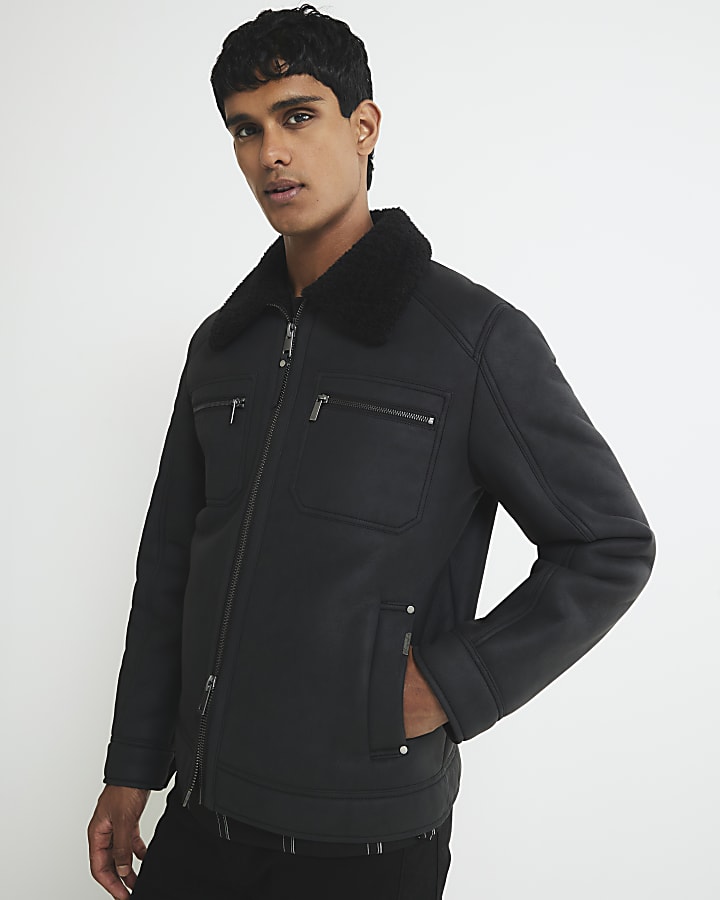 River Island Black Nubuck Zip Shearling Western Jacket