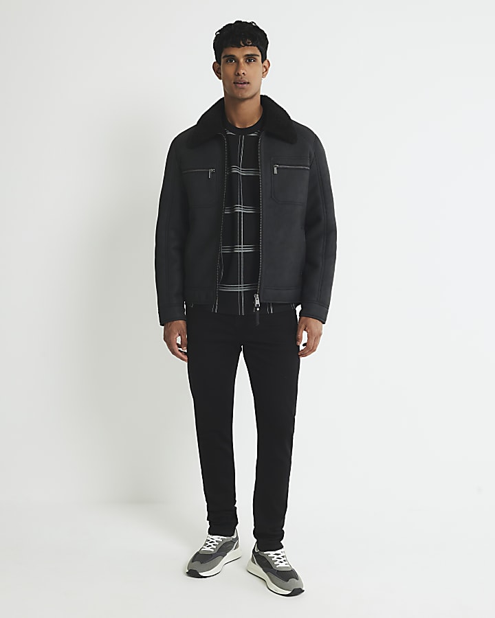 River Island Black Nubuck Zip Shearling Western Jacket