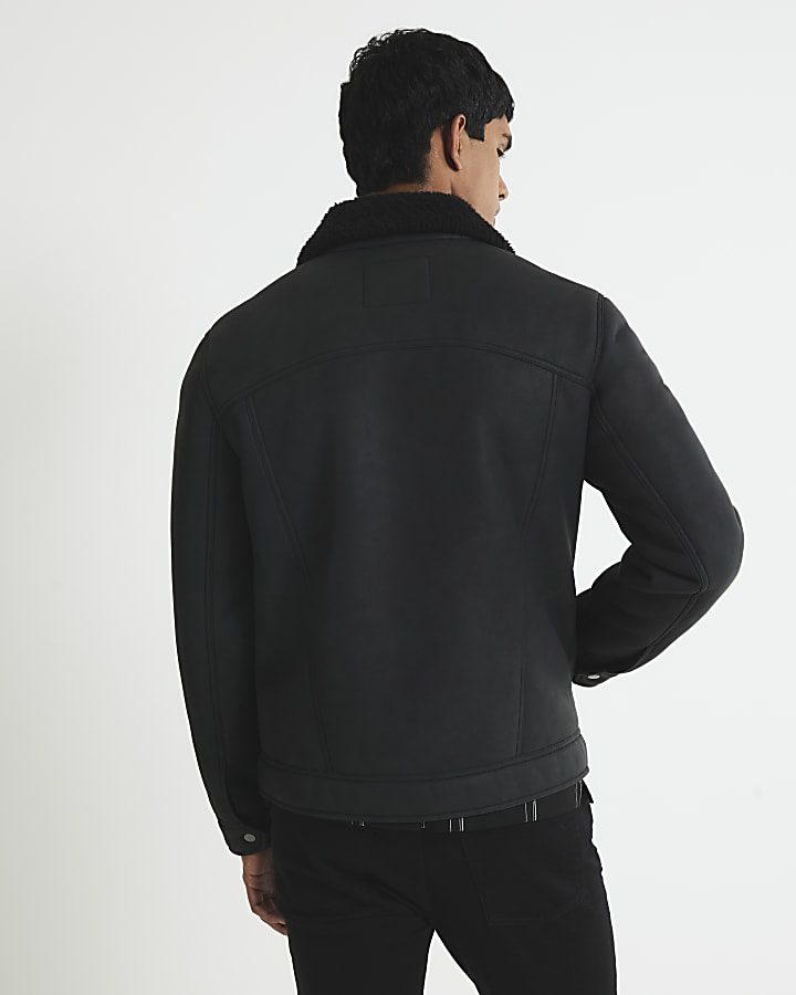 River Island Black Nubuck Zip Shearling Western Jacket