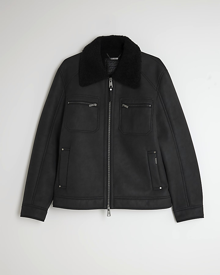river island Black Nubuck Zip Shearling Western Jacket