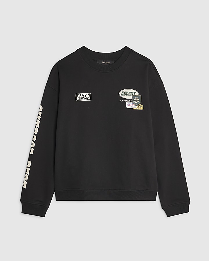river island Black Oversized Fit Alpine Badging Sweatshirt