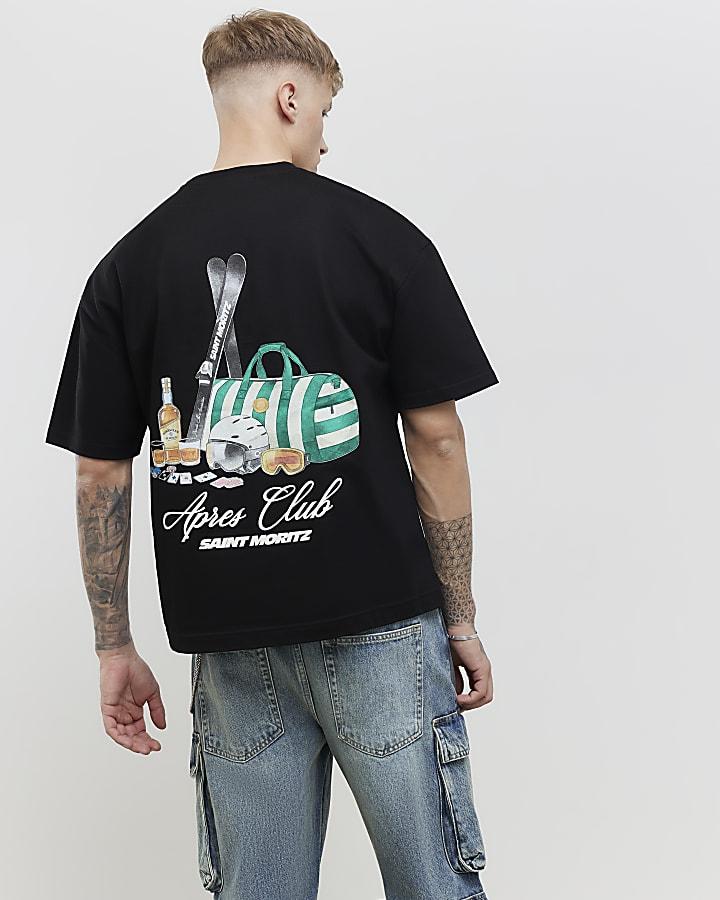 River Island Black Oversized Fit Apres Ski Club T-Shirt