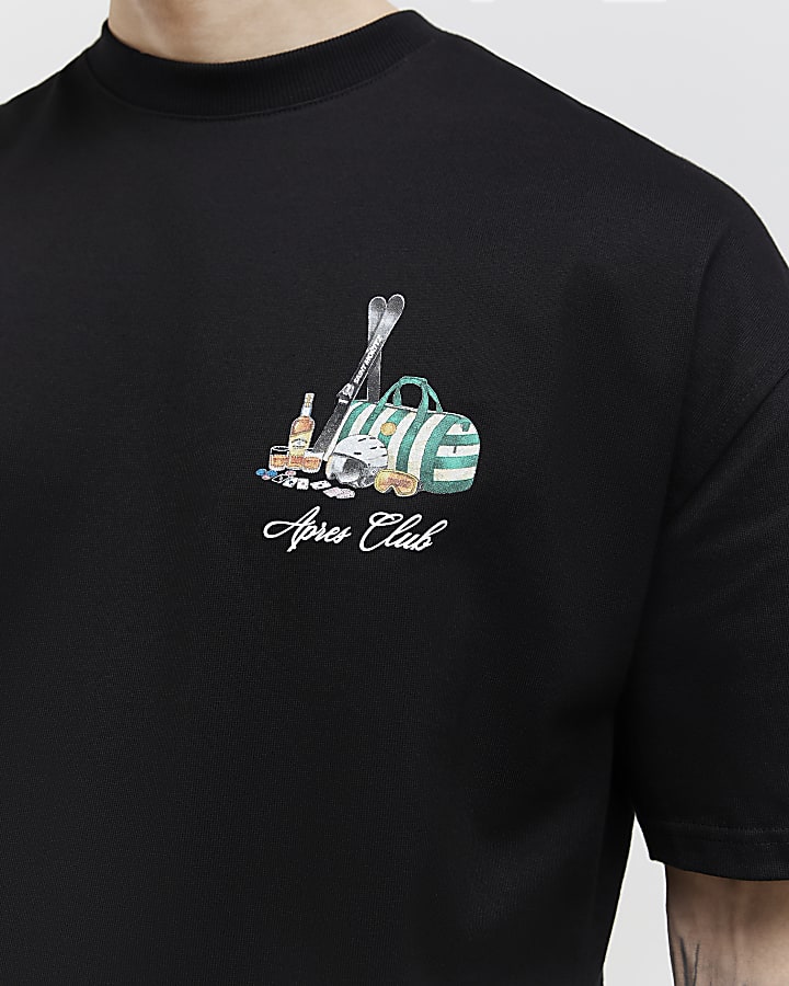 River Island Black Oversized Fit Apres Ski Club T-Shirt