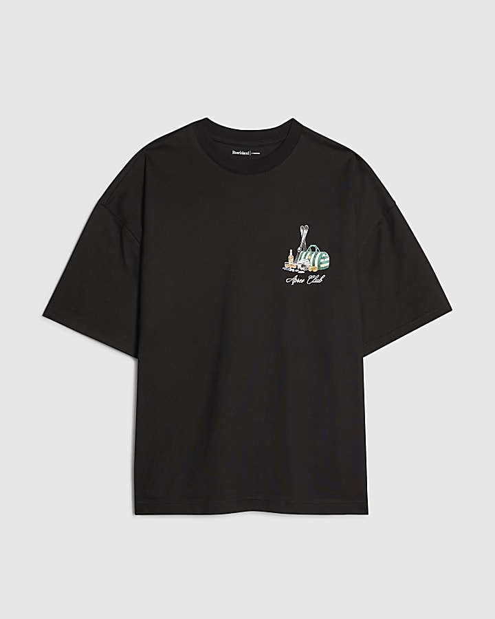 river island Black Oversized Fit Apres Ski Club T-Shirt