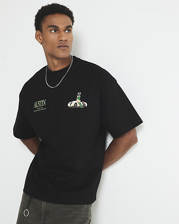 River Island Black Oversized Fit Austin Car T-Shirt